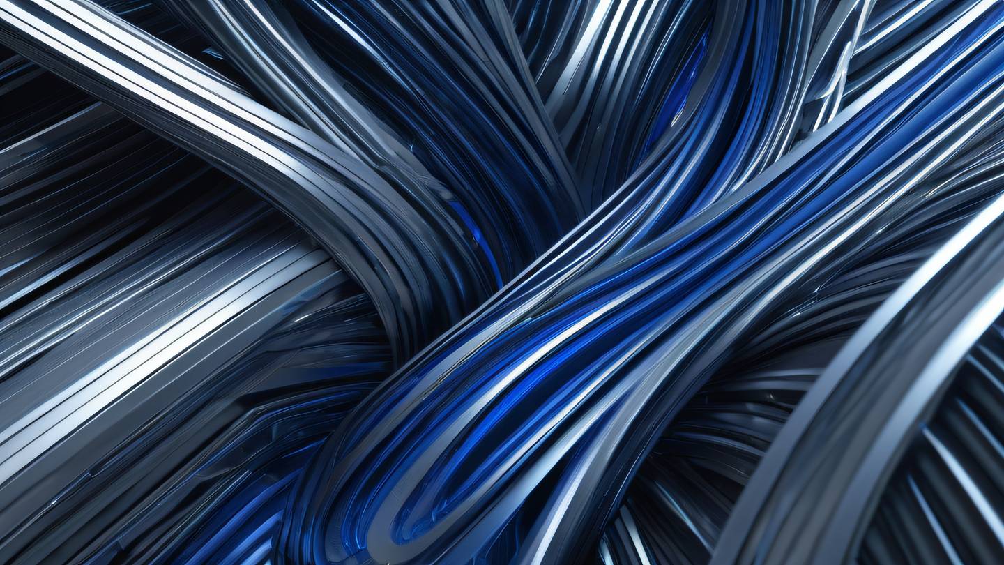 Abstract flowing lines and geometric shapes representing component architecture with metallic silver and cobalt blue gradient sharp crystalline structures interweaving in a harmonious pattern shot from top-down perspective high-quality ultra-realistic cinematic 8K UHD high resolution sharp and detail