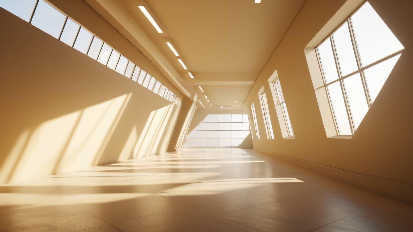 Smooth flowing light rays passing through geometric windows casting dynamic shadows in bright ochre and off-white tones captured from a 45-degree angle high-quality ultra-realistic cinematic 8K UHD high resolution sharp and detail