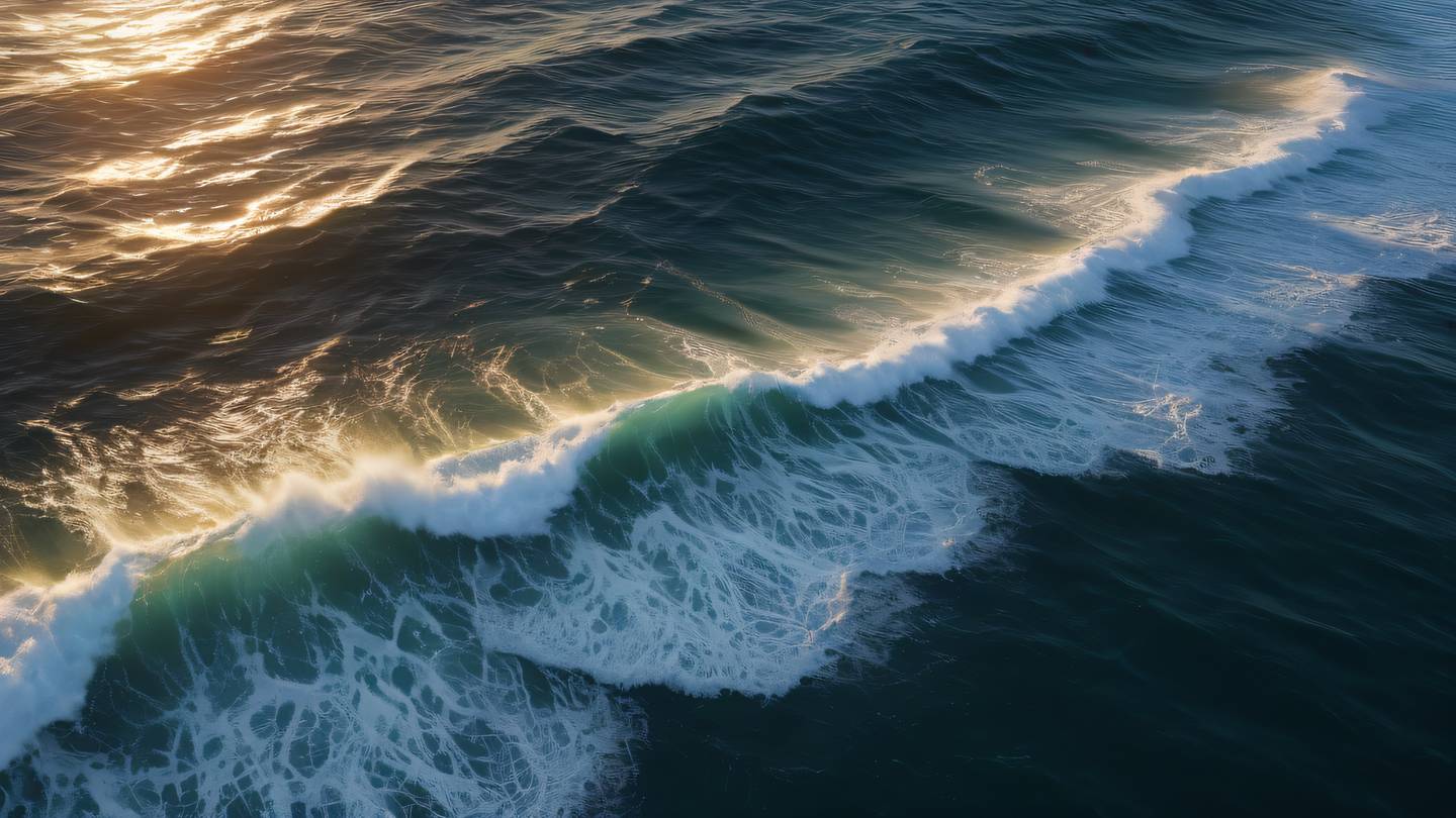 Ocean waves creating natural patterns and textures with perfect red and bright gold reflections on water surface captured from bird's eye view high-quality ultra-realistic cinematic 8K UHD high resolution sharp and detail