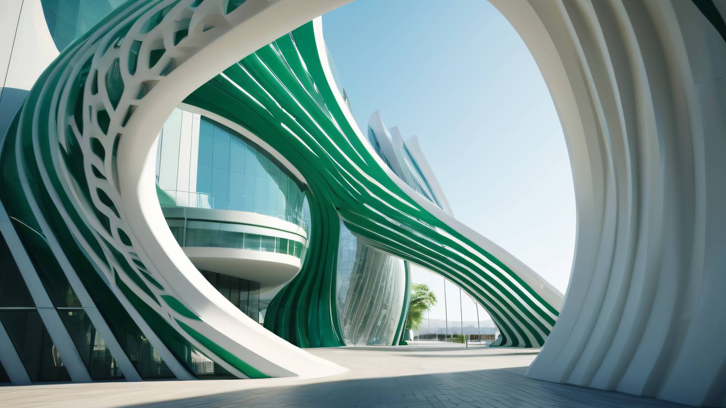 Modern architectural gateway with flowing curves and geometric patterns emerald green and white color scheme shot from below looking up morning light casting dynamic shadows high-quality ultra-realistic cinematic 8K UHD high resolution sharp and detail