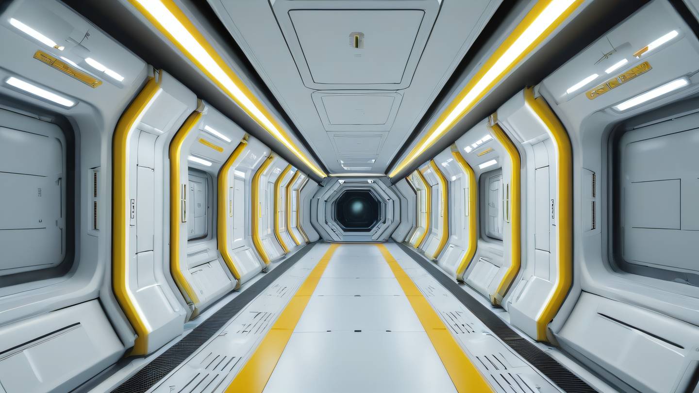 Futuristic space station corridor with clean lines and ambient lighting yellow and white color scheme with metallic accents shot from central perspective with infinite tunnel effect high-quality ultra-realistic cinematic 8K UHD high resolution sharp and detail