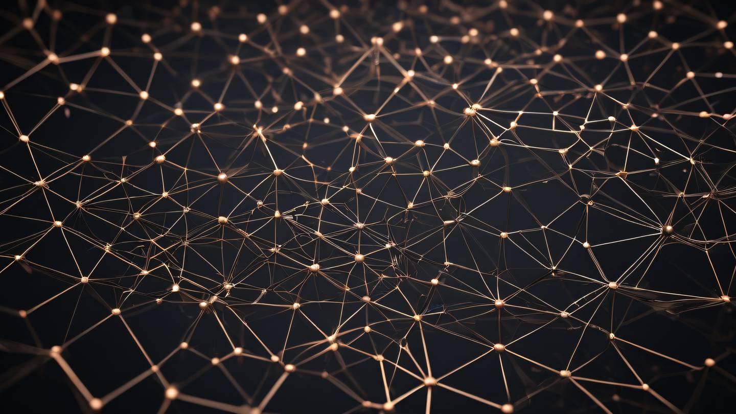 Abstract geometric network of interconnected nodes and pathways rendered in bright rose gold and metallic silver against a dark background. Captured from a bird's eye view perspective showing a complex pattern of connections. High-quality ultra-realistic cinematic 8K UHD high resolution sharp and detail
