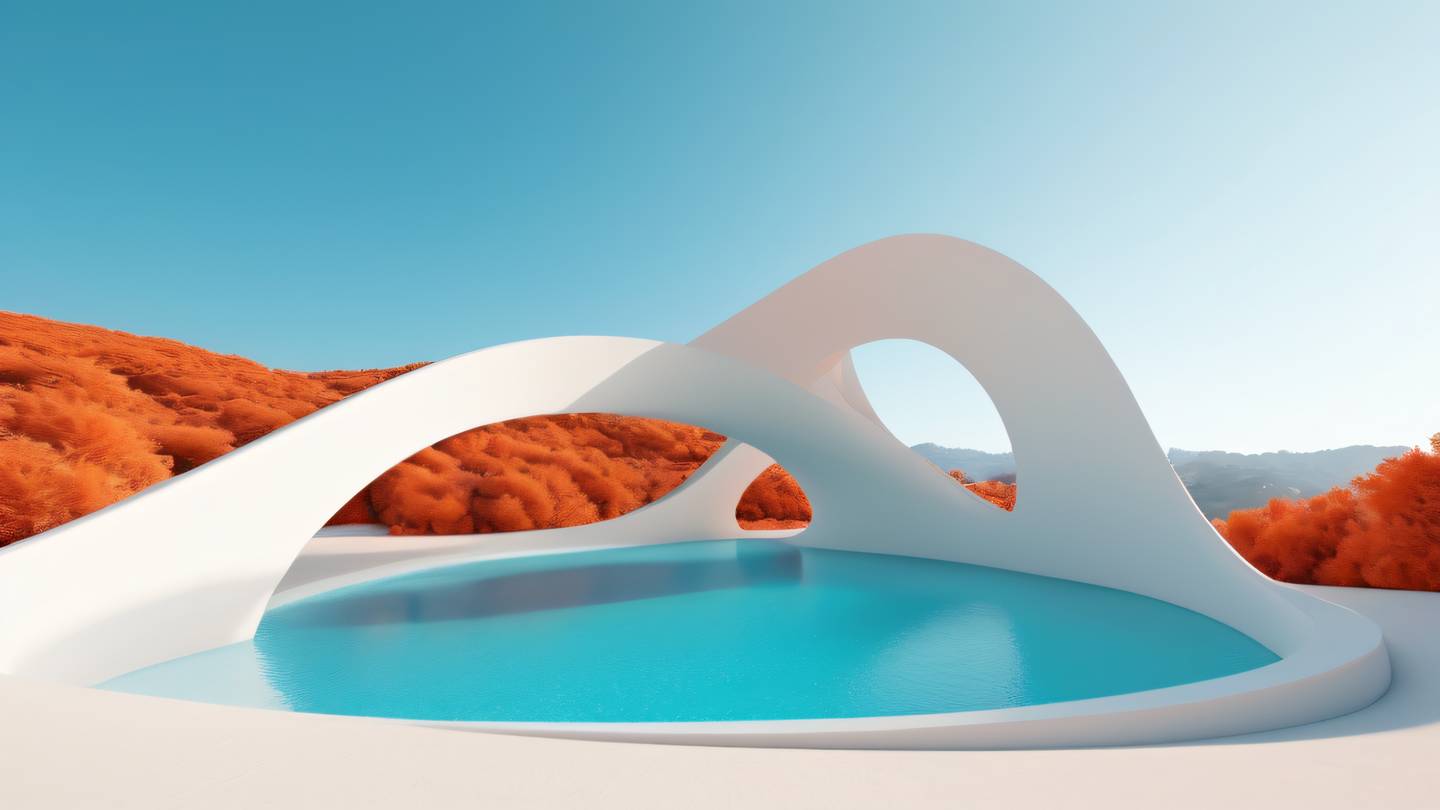 Minimalist landscape composition with curved lines and geometric shapes captured from a low angle perspective featuring bright cyan coral orange and clean white colors with dynamic shadows high-quality ultra-realistic cinematic 8K UHD high resolution sharp and detail