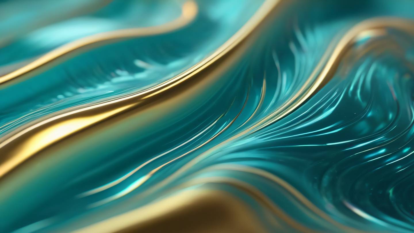 Abstract fluid waves representing responsive design flowing seamlessly across different dimensions rendered in holographic iridescent colors with teal and gold accents sharp crystalline structures photographed straight-on with macro lens high-quality ultra-realistic cinematic 8K UHD high resolution sharp and detail