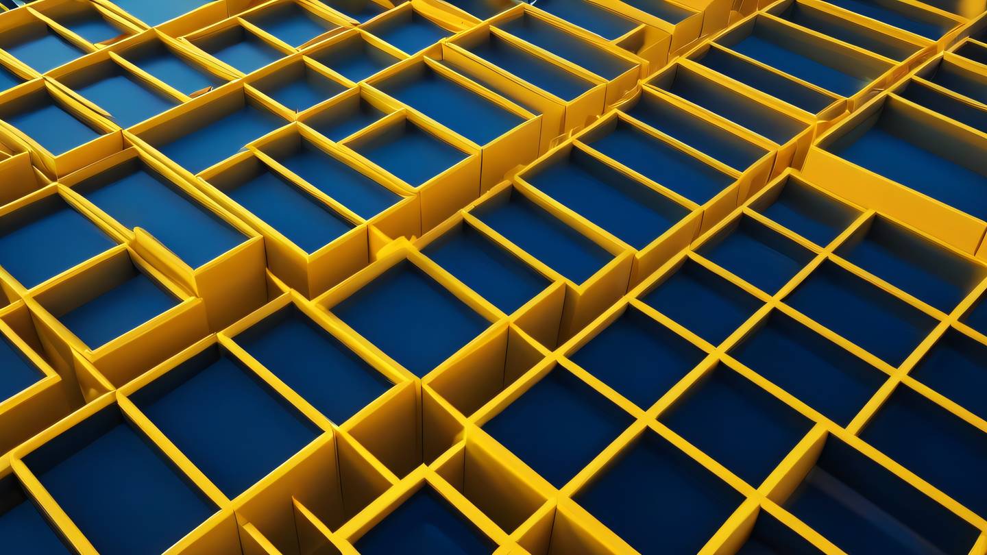 Geometric patterns flowing and transforming across different sized rectangular frames rendered in sunshine yellow and sapphire blue gradient captured from 45-degree angle high-quality ultra-realistic cinematic 8K UHD high resolution sharp and detail