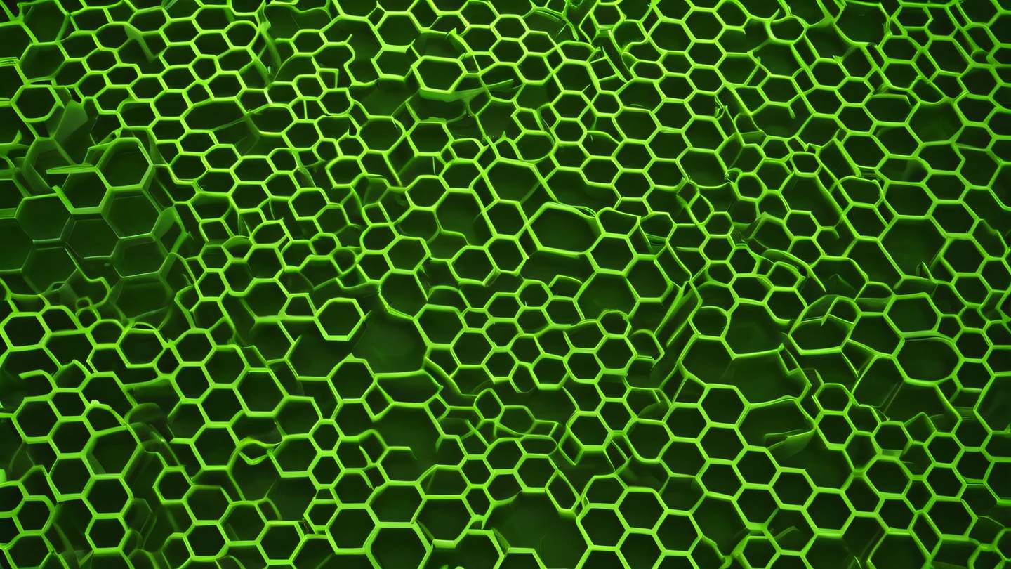 Interconnected hexagonal grid pattern morphing and adapting to different spaces rendered in fluorescent green and clay tones captured from top-down perspective high-quality ultra-realistic cinematic 8K UHD high resolution sharp and detail