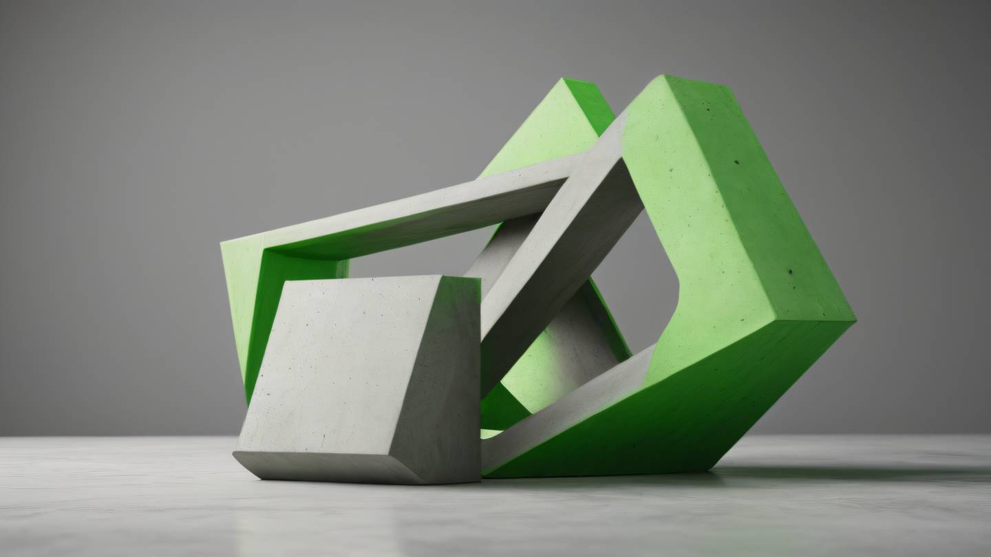 A modern concrete sculpture showing interconnected geometric shapes in bright green colors against a minimal background representing interface layers captured from a front 3/4 angle high-quality ultra-realistic cinematic 8K UHD high resolution sharp and detail