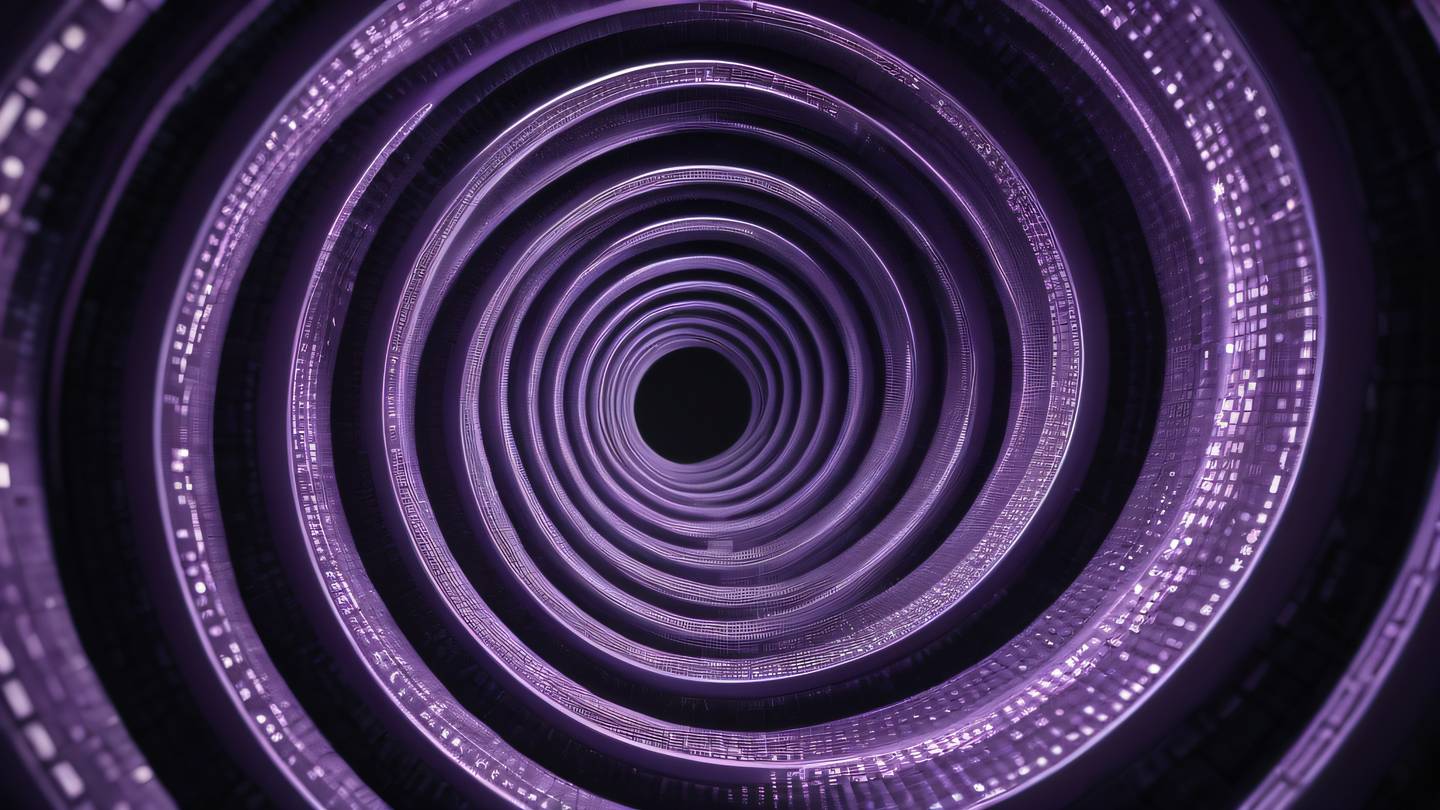 Abstract visualization of data encryption featuring geometric patterns in bright dusty lavender and silver flowing through a spiral tunnel against a dark background high-quality ultra-realistic cinematic 8K UHD high resolution sharp and detail