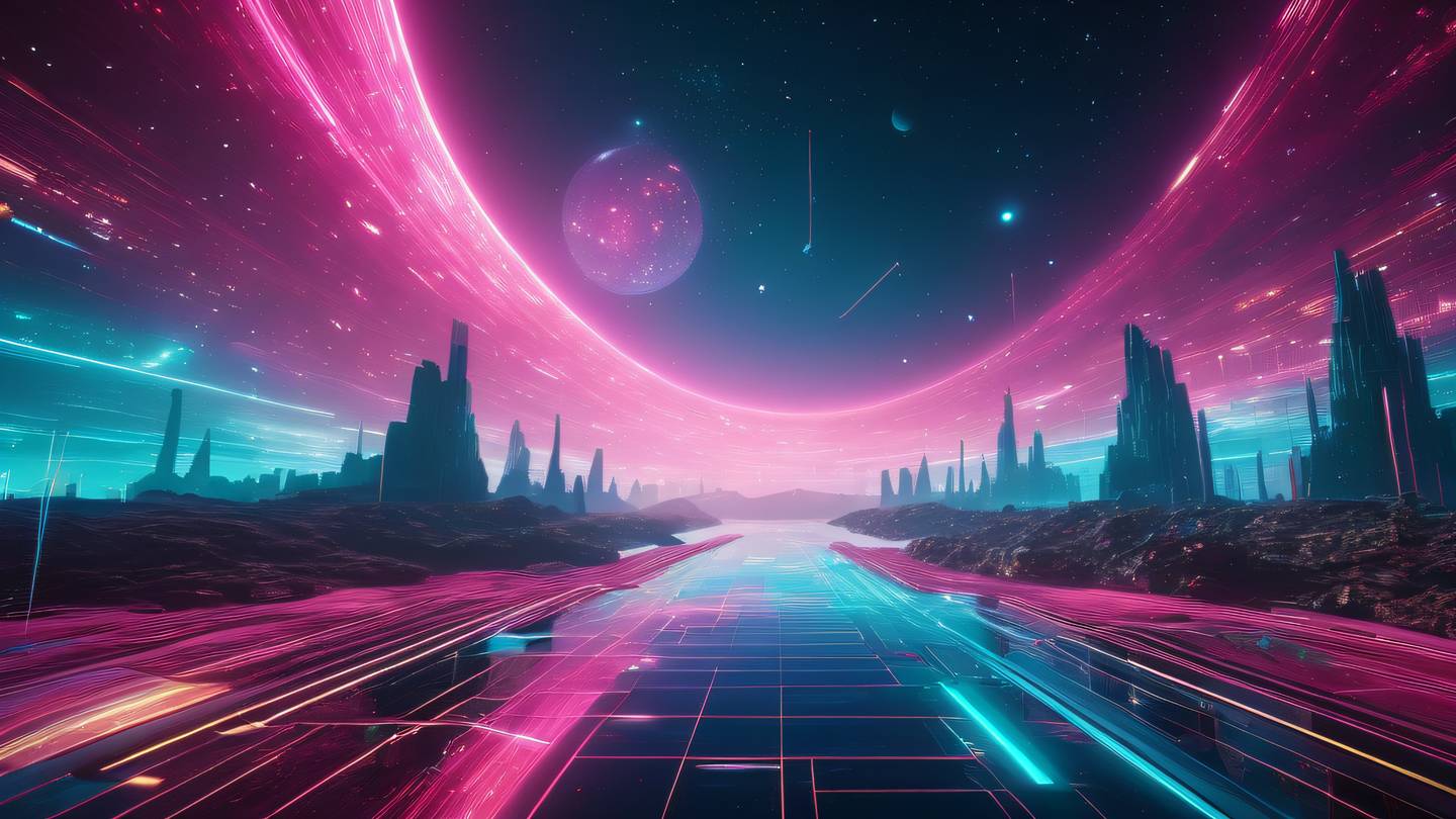 An abstract technological landscape with floating geometric shapes in bright holographic colors (pink cyan and gold) connected by streams of light against a deep space background high-quality ultra-realistic cinematic 8K UHD high resolution sharp and detail