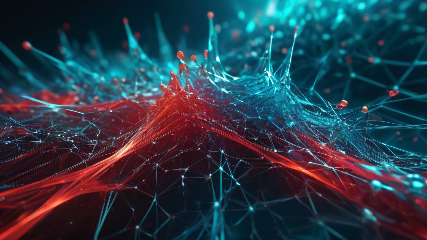 Abstract crystalline structure with flowing energy streams featuring interconnected nodes in bright red and deep cyan colors representing data flow and secure connections high-quality ultra-realistic cinematic 8K UHD high resolution sharp and detail