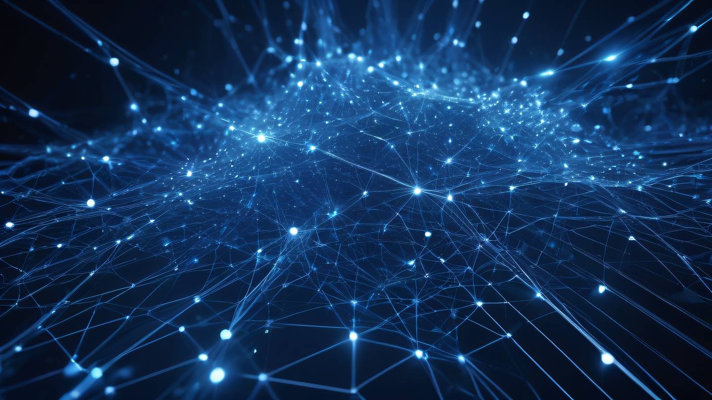 Abstract technological network visualization with flowing light particles and connecting nodes in bright indigo and silver colors geometric patterns representing distributed systems ultra-realistic cinematic 8K high resolution sharp and detailed