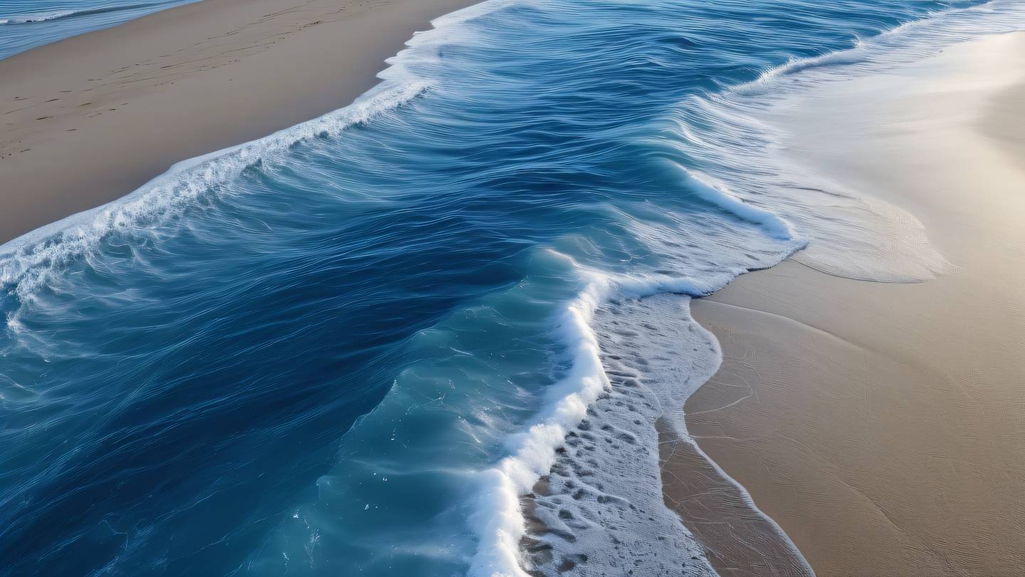 Abstract beach scene with crystalline formations in bright indigo and silver waves of geometric patterns merging with organic shapes representing harmony of system architecture high-quality ultra-realistic cinematic 8K sharp and detailed