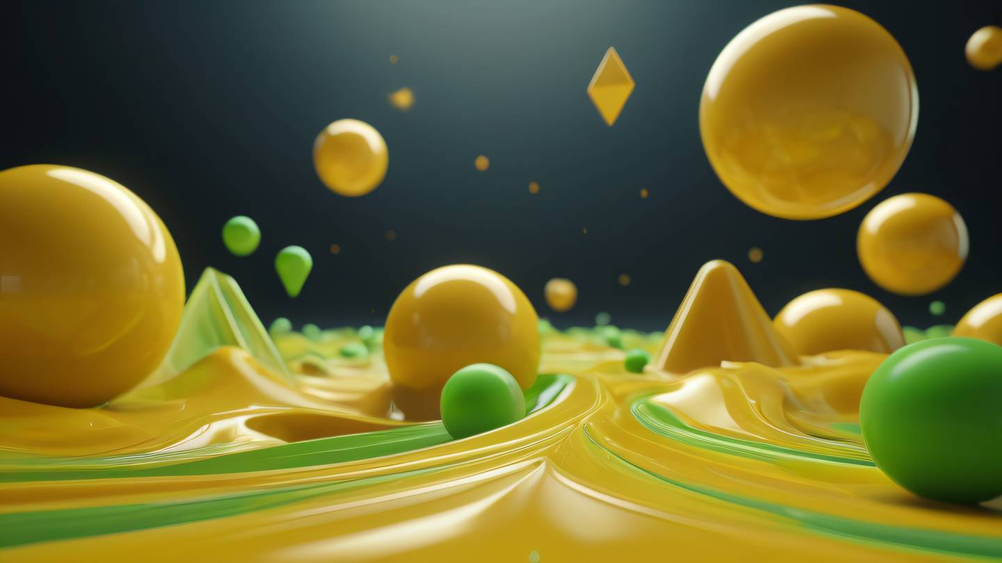 Abstract fluid 3D geometric shapes floating in space featuring Butterscotch yellow and Lime color palette high-quality ultra-realistic cinematic 8K UHD high resolution sharp and detail