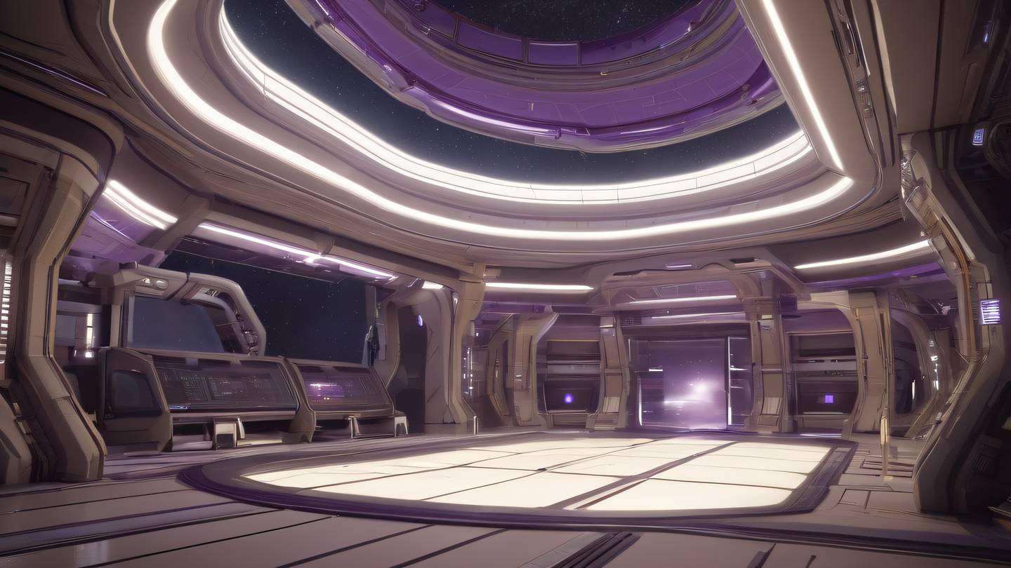 Futuristic space station interior with curved architecture in Amethyst and sand colors high-quality ultra-realistic cinematic 8K UHD high resolution sharp and detail