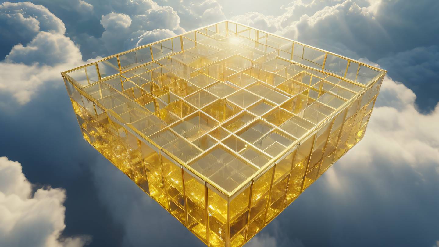 A geometric yellow crystal maze structure floating in clouds viewed from a diagonal angle with sunlight creating dynamic shadows high-quality ultra-realistic cinematic 8K UHD high resolution sharp and detail