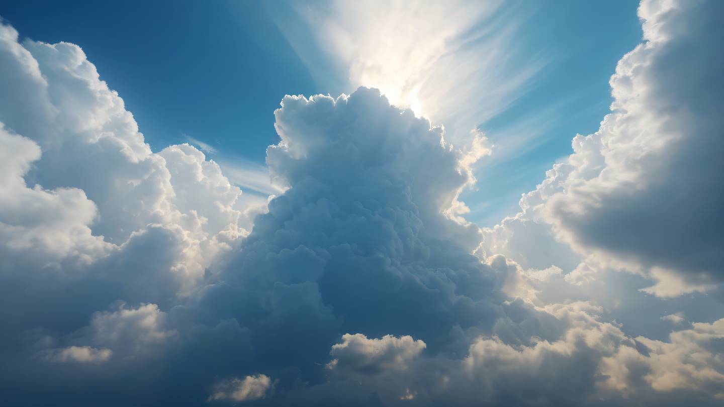 Ethereal cloud formations in cool white and cerulean blue tones with streaks of golden sunlight filtering through multiple layers. Captured from below looking upward creating a sense of depth and movement. High-quality ultra-realistic cinematic 8K UHD high resolution sharp and detail