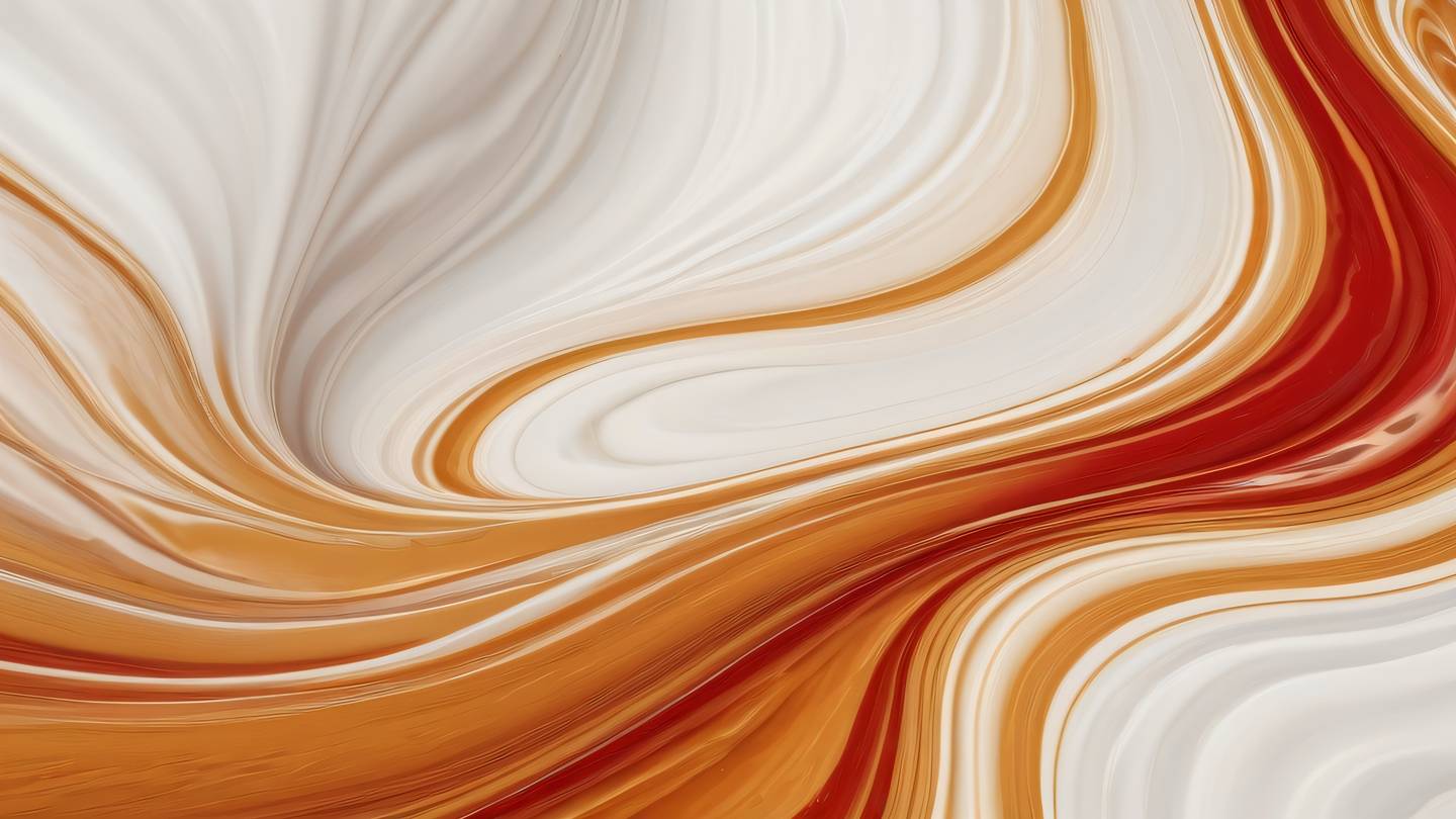 Abstract fluid patterns resembling flowing water featuring bright ochre perfect red and off-white colors swirling together. Photographed from a macro perspective to capture intricate details and interactions. High-quality ultra-realistic cinematic 8K UHD high resolution sharp and detail